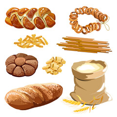 A set of vector bakery products, as well as spikelets and a bag of flour.