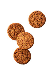 Flying oatmeal cookies isolated on white background with clipping path. Levitation food concept. Healthy eating