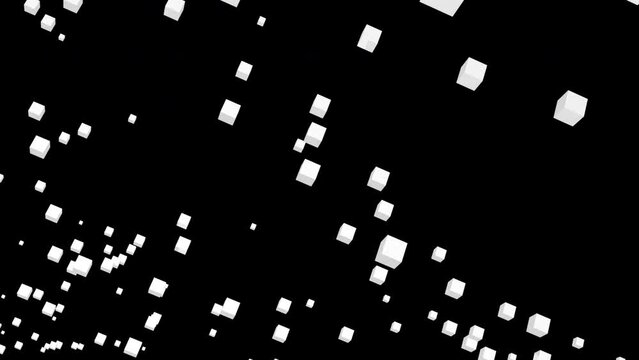 Black background. Design. White and blue cubes decrease and increase moving in different directions in the animation