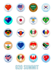 Illustration of the flags of the G-20 countries in the form of a logo with hearts. G20, top twenty economies of the world. Financial and economic international forum.
