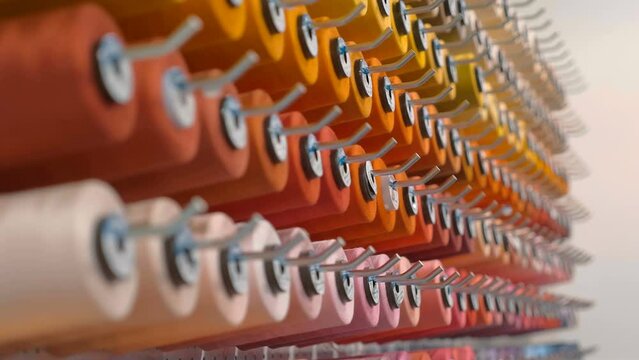Rows of different colored thread spools for industrial sewing equipment. Shot in motion. Macro. Closeup
