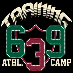 College Illustration with numbers in patchwork and text Training, Camp Athletic. Varsity design.