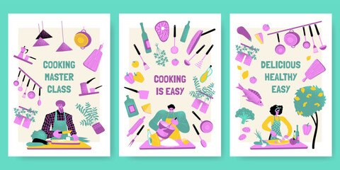 Cooking school flyer template set with cute characters, food and kitchen utensils. Cooking lessons concept