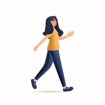 3D happy woman character walk. Businesswoman run, deadline, hurry up. Walking and pedestrian, Walking people. Young moving stylish character. 3D render vector illustration
