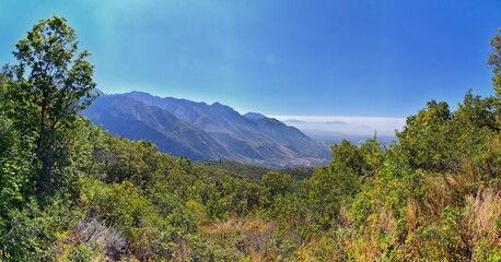 Utah County Valley View from Hamongog hiking trail views Lone Peak Wilderness, Wasatch Front Alpine. America. 