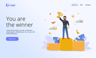 3D character People standing on podium rank first place. Happy businessman, jumps with trophy cap. Winner cup, award. Employee recognition competition award winner business 3D render illustration