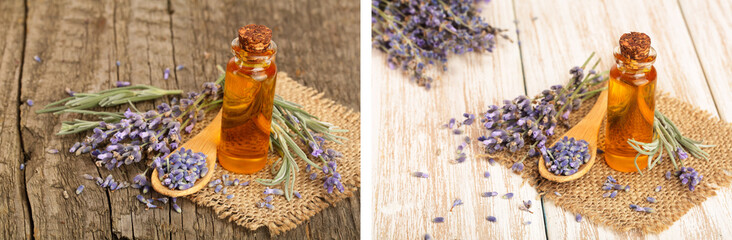 Herbal oil and lavender flowers on wooden background