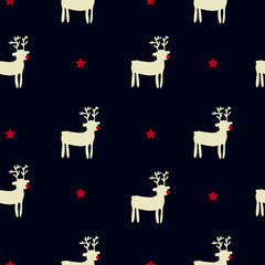 Seamless minimalistic Christmas deer pattern. White deer on a dark background with stars. Vector texture. Fashion print for textile and packaging, background.