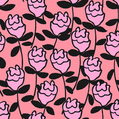 Hand painted seamless pattern with flowers in pink and black. - 543913397