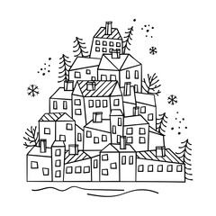 Stylized houses drawn with black line on white background.Snowflakes,trees and free hand dots.Buildings with roofs, chimneys and windows and located on a hill.Graphic vector isolated illustration.