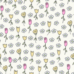 Hand painted seamless pattern with flowers in pink, yellow, white and green on cream background. - 543913529