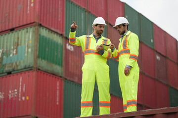 Dock worker man in safety vest work in container port terminal. male Industrial Engineer in Hard...