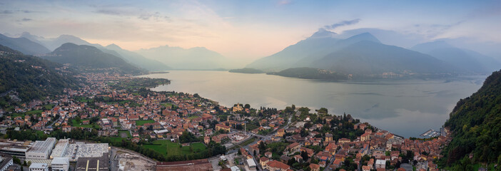 AERIAL VIEW. Little old village in Lombardy, Dongo, Lake Como