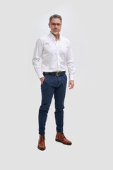 Full length business portrait of confident businessman. Entrepreneur in white shirt, smiling, Happy mid adult, mature age man standing, smiling, isolated on white background. - 543914503