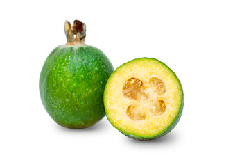 Fresh green feijoa on a white background, isolated. Tropical fruit feijoa whole and half