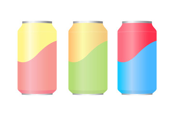 3D aluminum cans set. Aluminium cans design. Metallic tins. Vector illustration isolated on white background.