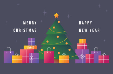 Fototapeta premium Merry Christmas with colorful gift boxes and Christmas tree. New Year symbol. Winter holiday design. Vector illustration.