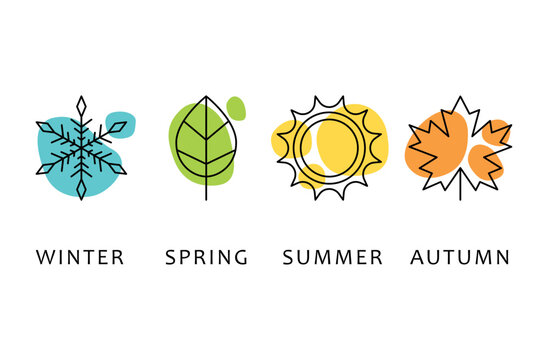 Four seasons icons, signs, symbols. Winter spring summer fall. Snowflake, leaf, sun, autumn leaf. Line art