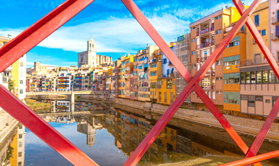 Fototapeta na wymiar Girona city, view with colorful houses- Catalonia in Spain