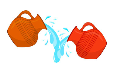 Ceramic, glossy pitcher. Clay jug of water, water is pouring. Dishes for liquid. Ceramics .Illustration