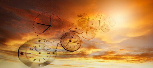 Clocks in bright sky. Time passing