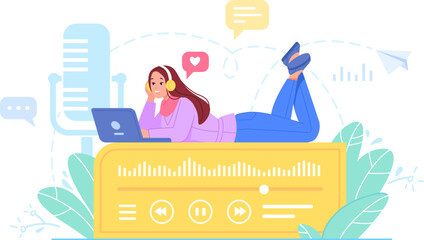 Podcast listener concept. Woman in headphones listen microphone record of audio podcasting or radio hosting, listening music voice business web training online, vector illustration