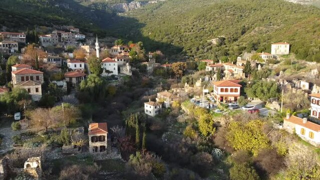 Aerial view of scenic Doganbey village on a sunset light, Turkey
