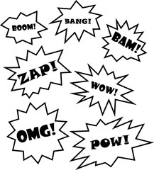 Minimalistic black and white explosions in comic style. Cartoon bubble explosions. Set of explosions, boom, bang