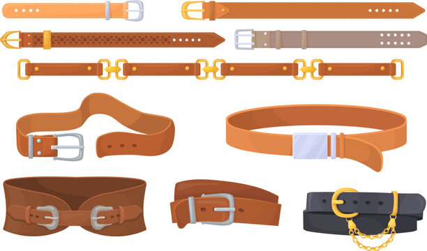 Leather straps. Cartoon belts with unbutton metal buckles, leathers horizontal strip, fashion belt for clothes waist decoration lock golden chain clasp, neat vector illustration