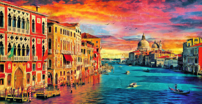 oil painting of Amazing view on the beautiful Venice, Italy. Many gondolas sailing down one of the canals. watercolor, oil on canvas, wallpaper, buildings, river, sunset, art, artwork. grand canal