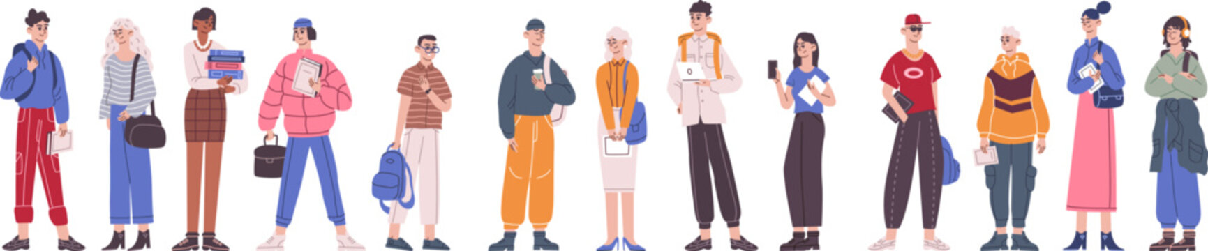 Group college pupils. Diverse students or university classmates, traditional school girl and boy young study people campus teenagers international youth recent vector illustration