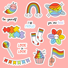 LGBT sticker set. Rainbow flag, cake, planet, cute bee and phrases. Pride month badges. Flat vector illustrations isolated on white background
