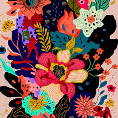 Beautiful, abstract, vibrant, floral, artistic flower pattern. Background, card or banner. 3D illustration