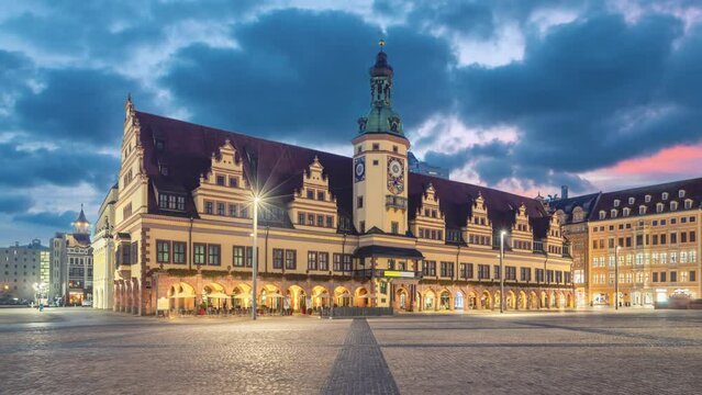 Leipzig, Germany. Building of historic Town Hall (static image with animated sky)
