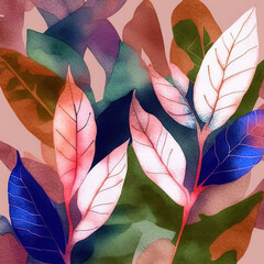 Abstract tropical leaves painted with watercolor. Floral pattern, digital art. 3D illustration