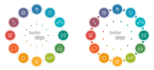 Twelve circles each different color, connected with triangle arrows forming one larger circle - multiple steps process infographics