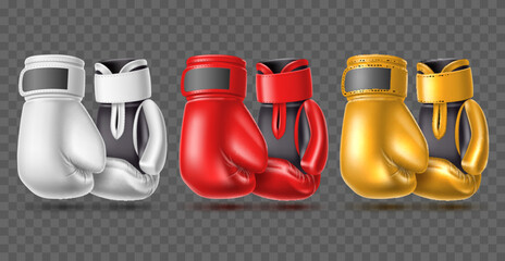 Color boxing gloves. Realistic professional accessories, fighting sport element, different colors gloves, white, red and gold leather, protection equipment 3d isolated objects utter vector set