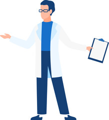 Doctor with wide open arms. Science discussion. Lab work