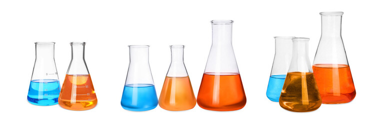 Set of different laboratory glassware with colorful liquids on white background. Banner design