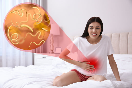 Parasites under microscope and woman suffering from helminthiasis