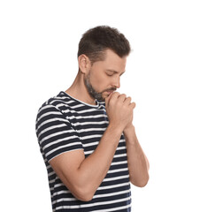 Man with clasped hands praying on white background