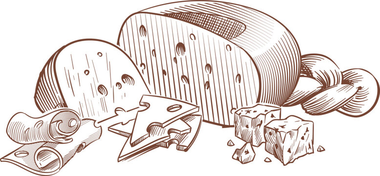 recommend clip art: Sketch cheese. Art compositions with different cheeses, delicious maasdam, gouda and parmesan. Whole, half and slices, hand drawn fresh farm milk various products, vector food illustration