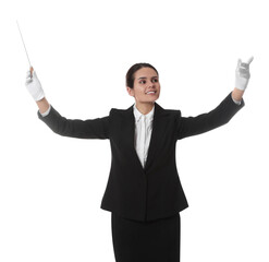 Happy young conductor with baton on white background - obrazy, fototapety, plakaty