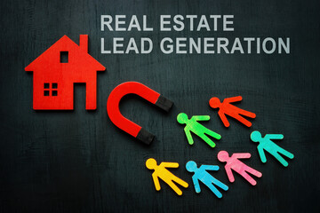 Figurines, house and magnet. Real estate lead generation concept.