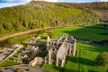 Aerial view of an ancient ruined monastery in Wales (Tintern Abbey. 12th century AD)