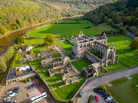Aerial view of an ancient ruined cistercian monastery (Tintern Abbey, Wales. Built circa 12th century AD)