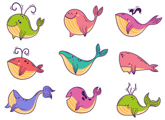 Whale cute animal sea character ocean design element concept illustration set
