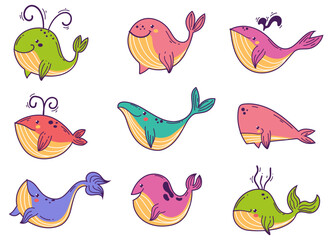 Whale cute animal sea character ocean design element concept illustration set