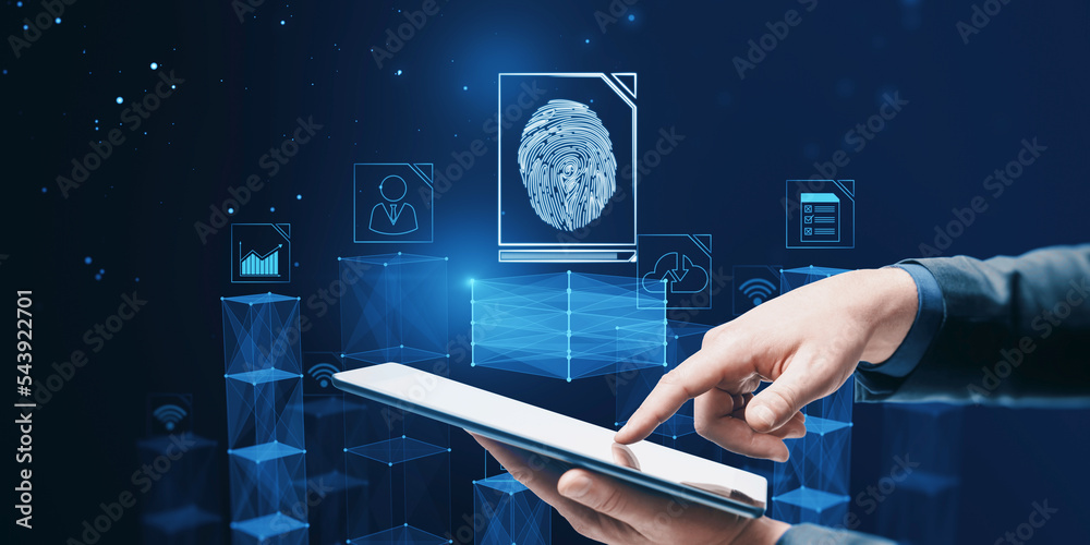 Poster close up of businessman hand pointing at tablet with abstract glowing fingerprint hologram on blurry