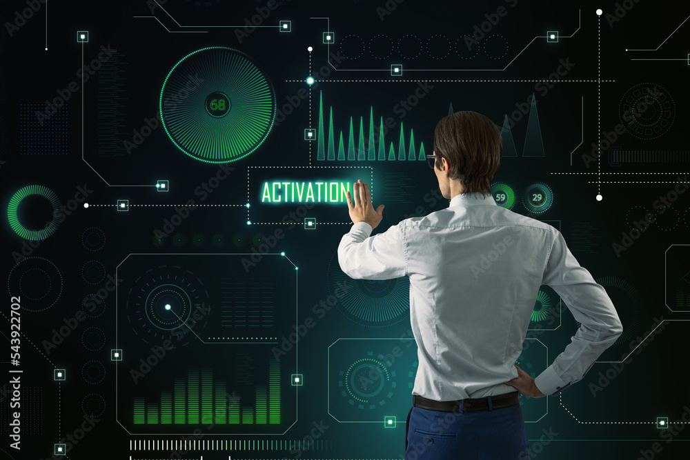 Poster Virtual reality and innovation concept with man back view pushing button on dark green digital touch screen with technological interface